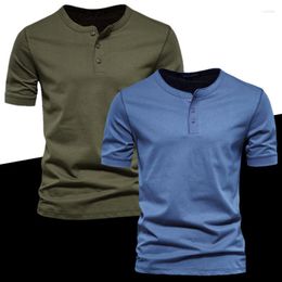 Men's T Shirts Men Henley Collar T-shirt Summer V-Neck Short Sleeve Tops High Quality Cotton Male Solid Color Design Tee Casual Clothing