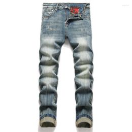 Men's Jeans Mens Punk Style Embroidery Slim Elastic Small Foot Denim Pants Street Hip Hop Straight Blue For Men