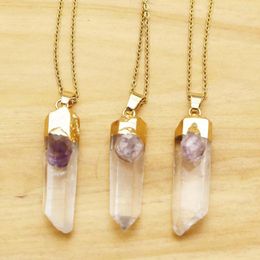 Pendant Necklaces Natural Stone White Crystal Pillar Irregular Amethyst Stainless Steel Chain Column Gold Plated Necklace Jewellery Gift 1Pc