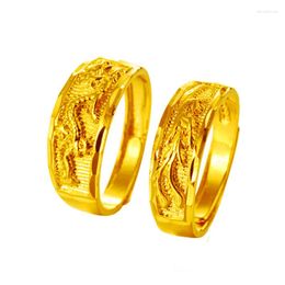 Cluster Rings Vietnam Sand Gold Pure Copper Plated 24k Wedding Dragon And Phoenix Open Ring Male Female Couple Pattern