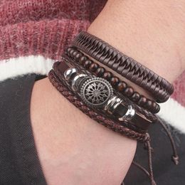 Charm Bracelets Men's Leather Bracelet Hand-woven Multi-layered Wrap Vintage Life Rudder Ethnic Tribe Wristband Rope