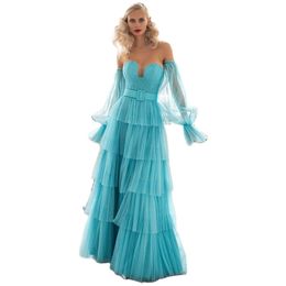Sky Blue Fluffy Tiered Prom Dresses Sweetheart Detachable Sleeve Layered Formal Gown High Split Womens Photography Dress