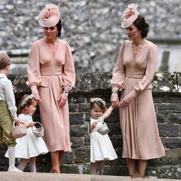Kate Middleton Simple Chiffon Mother Of The Bride Dress Long Sleeves Tea Length Vintage Wedding Guest Dress V neck Dusty Pink Form2894