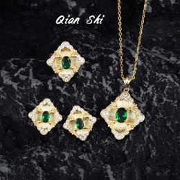 Pendant Necklaces Vintage Emerald Earrings Necklace For Women Romantic Bridal Marriage Ceremony Party Rings Fashion Jewellery