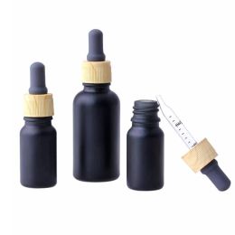 wholesale Matte Black Smoke oil e liquid Bottles Glass Essential Oil Perfume Bottle Liquid Reagent Pipette Dropper Bottles with Wood LL