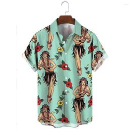 Men's T Shirts Fieryshirts Ethnic Hula Pinup Print Short Sleeve Hawaiian Shirt