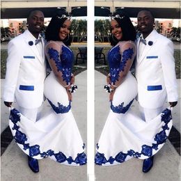 New White Satin Royal Blue Lace Aso Ebi African Dresses Long Illusion Sleeves Applique Formal Gowns Pageant Wedding Dress283z