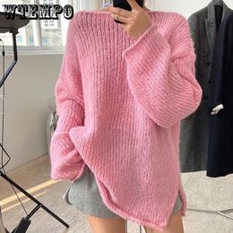 Women's Sweaters WTEMPO Vintage Loose White Pink Sweater Women Spring Autumn Long Sleeve O-Neck Knitted Pullovers Girl's Hollow Out Knitwear 230807