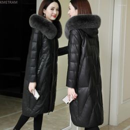 Women's Leather Genuine Sheepskin Jacket For Women 2023 Autumn Winter Hooded Fur Collar Mid-length Down Jackets Black Coats SGG