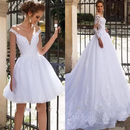 Beach Short Wedding Dresses 2 in 1 with Sleeves Lace Applique Vestido de Noiva Floor Length Tulle Princess Bridal Gown Wedding Dre225n