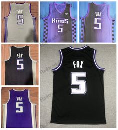 Mens 5 De'Aaron Fox Basketball Jerseys Purple Black Shirts City Grey S-XXL