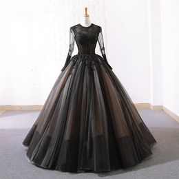 Vintage Black Nude Gothic Wedding Dresses With Long Sleeves Jewel Neck Floor Length Non White Bridal Gowns With Colour Custom Made284b