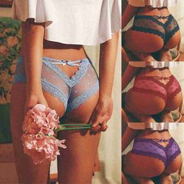 Womens Cage Back Panties Sexy Lace Mesh Back Hole Perspective Wave Shape Bow Underwear Ladies Briefs S-XL Charming Fashion L230626