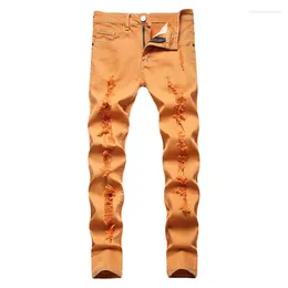 Men's Jeans Men Y2K Orange Stretch Denim Trendy Holes Ripped Pants Mid Waist Fancy Colour Trousers