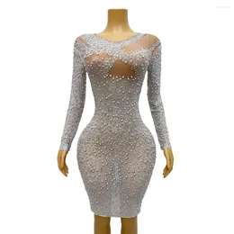 Stage Wear Silver White Pearls Rhinestones Sexy Transparent Dress Evening Birthday Celebrate Outfit See Through Costume Chunbai
