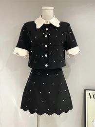 Work Dresses High Street French Luxury Diamonds Small Fragrance 2 Piece Sets Women Outfit Crop Top Skirt Suits Y2K Summer Two Set