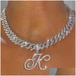 Chains A-Z Cursive Letter Pendant Iced Out Cuban Necklace For Women Initial Zircon Link Chain Choker Rock Hip Hop Jewelrychains Drop Dhrwm