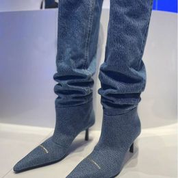 Şık basit sivri denim şövalye botları kadın stiletto topukları