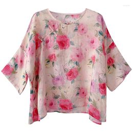 Women's T Shirts Top Frog Button Floral Print Shirt Loose Chinese Style Clothing Retro Zen