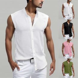 Men's Casual Shirts Men Summe Tank Tops Cotton Linen Sleeveless Loose Button V-Neck Hawaiian Male Streetwear Blusa