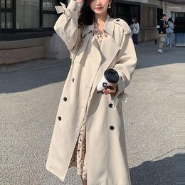 Women's Trench Coats Korean Mid-Length Women Coat With Belt Beige Khaki Spring Elegant Lapel Double-breasted Long Sleeve Female Windbreaker