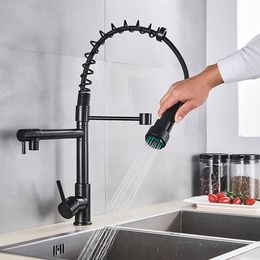 Black Pull Down Brass Kitchen Sink Faucet Hot Cold Water Mixer Crane Tap with Dual Spout 360 Rotation High Faucet Deck Mounted