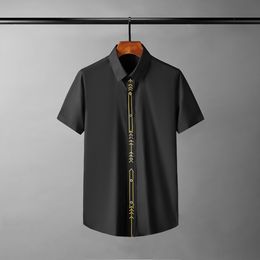 Minglu Summer Cotton Male Shirts Luxury Short Sleeve Gold Embroidery Casual Mens Dress Shirts Fashion Slim Fit Party Man Shirts