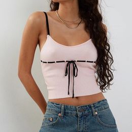 Women's Tanks Fashion Y2K Vintage Backless Tank Tops 00s Retro Kawaii Vest Women Baby Pink Knitted Crop Top Black Thin Straps Tie Up Camis