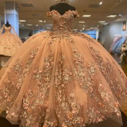 Gold Quinceanera Dresses Ball Gown 3D Floral Appliques Lace Sleeveless Off Shoulder Handmade Flowers Sweet vestidos de 15 anos