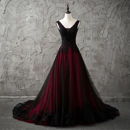 New V-Neck Sleeveless Black and Red Wedding Dresses Lace Appliques Beading Country Chic Wedding Dresses Low Back Colored Wedding G286l