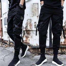 Men's Pants Streetwear Ribbons Casual Men Black Slim Mens Joggers Side-pockets Cotton Man Trousers