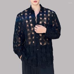 Men's Casual Shirts Fashion Men Lapel Long Sleeve Hollow Out Breathable Camisas Summer Sun Protection Korean Style Trend Shirt