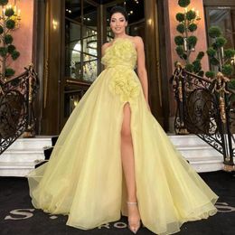 Party Dresses Stralet Light Yellow A-line Orange Evening With Slit Ruffled Floral Dress Open Back Elegant Prom Flowers Gowns