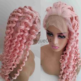 Human Hair Capless Wigs Pink Colour Synthetic Lace Front Wig With Free Part Long Deep Kinky Curly Wig Cosplay Heat Resistant Fibre Wigs With Baby Hair x0802