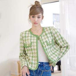 Women's Jackets Green Colour Fashion Plaid Tweed Fabric Women Short Full Sleeves Good Quality Office Work Lady Coat Clothing Outwear
