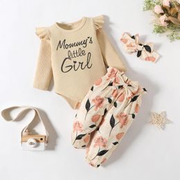 Clothing Sets 2023 Autumn Baby Girls 2PCS Clothes Set Letter Long Sleeve Ribbed Bodyusit Floral Knotbow Pants Suit Infant Outfits