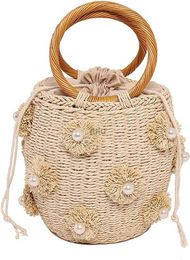 Juoxeepy Straw Bucket Bag Wicker Handbag for Women Rattan Tote Bag with Pearl Flower Summer Beach Bag Drawstring HKD230807