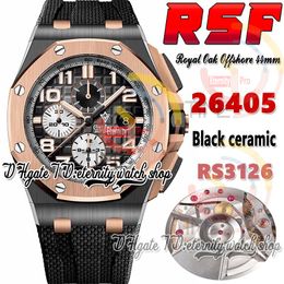 RSF IP26405 Cal.3126 A3126 Chronograph Automatic Mens Watch Two Tone 18K Rose Gold Bezel Black Ceramic Case Texture Dial Number Markers Rubber Strap eternity Watches