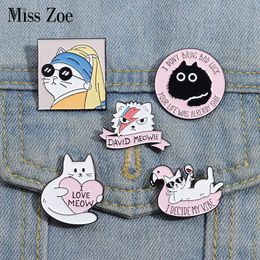 I Love Meow Enamel Pins Custom Oil Painting David Meowie Good Vibe Brooches Lapel Badges Cartoon Animal Fun Jewelry Gift Friends