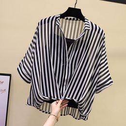 Women's Blouses Sexy Grid Striped Tops Chiffon Shirt Half Sleeve Plus Size Summer Two-piece Women Casual Blouse Ladies Bat