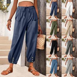 Women's Pants Causal Women Clothing Loose Solid Colour High Waist Drawstring Button Wide Leg With Pockets Girl Capris