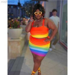 Basic Casual Dresses Plus Size Mini Party Dress Rainbow Print Club Outfit Fashion Women Casual Evening Luxury Gown 2023 Summer Trendy Two Piece Dress HKD230807