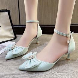 Dress Shoes Silk Bowtie Thin Heels Pumps Women 2023 Elegant Blue Ankle Strap Partys Woman Pointed Toe Solid Color High