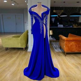 Sexy Royal Blue Mermaid Evening Dresses Long Off Shoulder High Side Split Prom Dress Appliques Beads Crystal Long Sleeve Party Gow269V