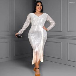 Casual Dresses Glitter Women Party Silver Sequin Long Sleeve Slit Tassel Bodycon V Neck Elegant Fringe Cocktail Event Occasions Dress