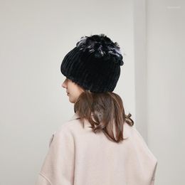 Berets Women's Winter Rex Fur Hat Knitted Big Flower And Silver Luxury Fashion Russia Beanie Style