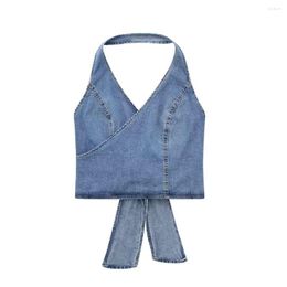 Women's Tanks Women Sexy Cross V Neck Double Breasted Lace Up Halter Denim Blouse Femme Backless Slim Shirt Chic Blusa Crop Tops