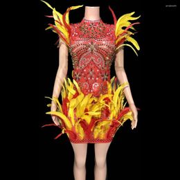 Stage Wear Sexy Mesh Transparent Rhinestones Feathers Bodycon Short Dress For Women Birthday Celebrate Festival Clothing