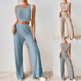 Women's Two Piece Pants Knit Set Women Casual Sleeveless Crop Top Trouser Suits Female 2023 Spring Sweater High Waist Ladies Loose