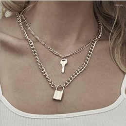Chains Clavicle Men's Big Chain Double Layer Lock Key Necklace Statement Gothic Jewelry Pendant Women's Gift Exaggeration